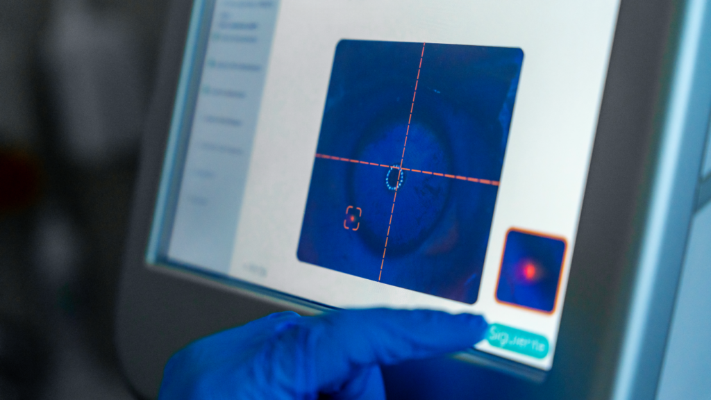 Oftalmologista usando tela para fazer o diagnóstico do glaucoma